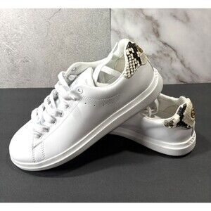 Women's White Sneakers with Snake-Print Heel Accent